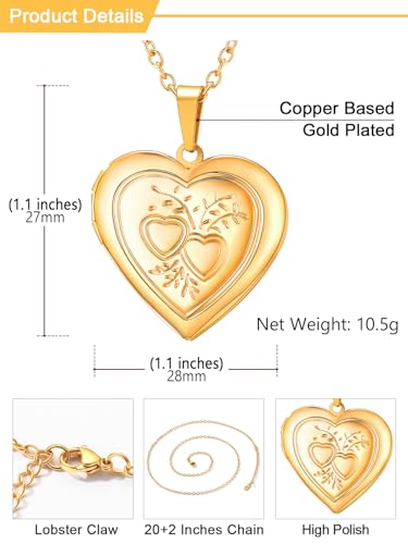 U7 Women Locket Necklace Platinum 14K Gold Photo Lockets that Hold Picture,Chain 20 Inch Personalized Gift Custom Love Heart Image Necklaces - color: 03# Gold*2 Heart