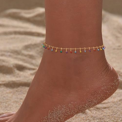 MTMY Gold Anklets for Women 14K Gold Plated Tiny Bead Anklet Colorful Tassel Foot Chain Dainty Adjustable Cute Summer Beach Boho Anklets Jewelry Gift - style: colorful tassel