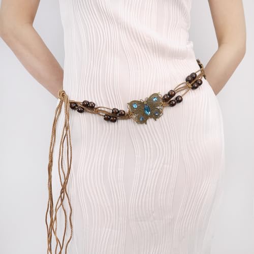 Women Braided Waist Belt Boho Woven Belt with Wooden Beads and Ring Clasp Vintage Long Tassel Rope Tie Belt for Dress - color: Brown 4