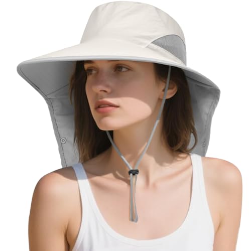 Womens Sun Hat Wide Brim UPF50+ Outdoor Sun Protection Ladies Fishing Hat with Neck Flap Detachable Face Cover - color: Beige
