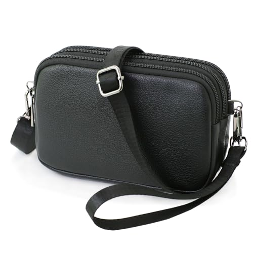 Small Wristlet Wallet for Women, 3-Zip Crossbody Phone Purse - color: Black/Pu-lychee