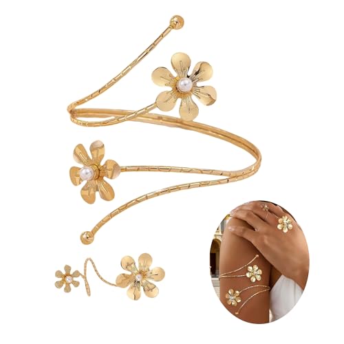 Gold Arm Cuff with Ring, 2 Pcs Open Upper Arm Bracelet and Ring with Rhinestones, Adjustable Metal Armband Jewelry Set - color: Flower