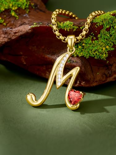 Birthday Gifts for Women 18k Gold Initial Necklaces for Women Simple Alphabets Letters with Birthstone Pendants Name Jewelry Anniversary Wedding Gifts for Sister Daughter Her (with Gift Box) - color: 07-Jul-Ruby, style: Letter M