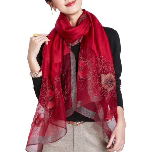 WINCESS YU Women Mulberry Silk Scarf Long & Large Embroidered Floral Pattern Shawl and Wraps Neckerchief for Hair & Neck - color: Sunflower Wine Red