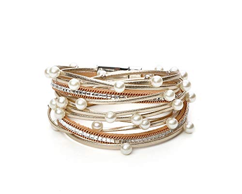 Fesciory Leopard Bracelet for Women, Boho Leather Wrap Multi-Layer Pearl Crystal Bracelet Bangle Jewelry - style: Gold Pearl-Double Wrap