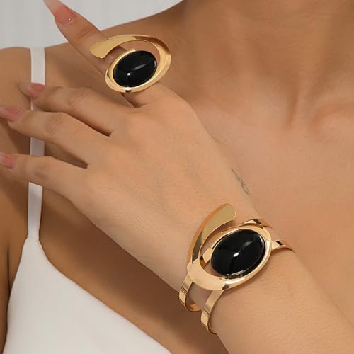 Boho Open Bracelet Ring Set for Women Black and Gold Jewelry Set Oval Cuff Bracelet Adjustable Ring Vintage Jewelry - style: Black