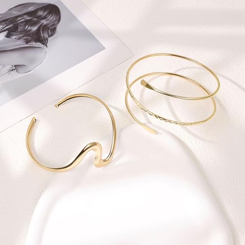 2Pcs Arm Cuff Gold Upper Arm Cuff for Women Adjustable Upper Arm Bracelets Open Irregular Arm Bangle Minimalist Coil Swirl Armlets Armband Jewelry - style: styleE gold