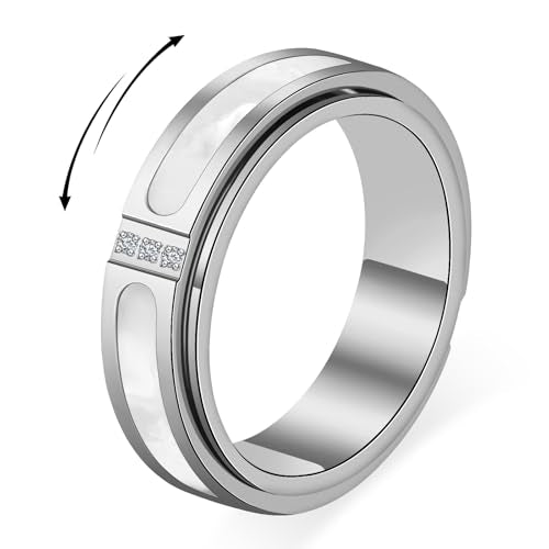 Fidget Spinner Ring for Women:18K Gold Plated Stainless Steel with Mother of Pearl Shell & Cubic Zirconia, Anxiety Relief Spinning Jewelry Gift for Birthday Wedding Engagement Anniversary - color: CZ Shell Spinner Ring_Silver, size: Size 8