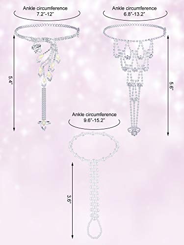 Hicarer 6 Pcs Foot Jewelry Barefoot Sandals for Women Rhinestone Bohemian Foot Ankle Chains for Beach Wedding - style: Rhinestone Faux Pearl Leaf Style