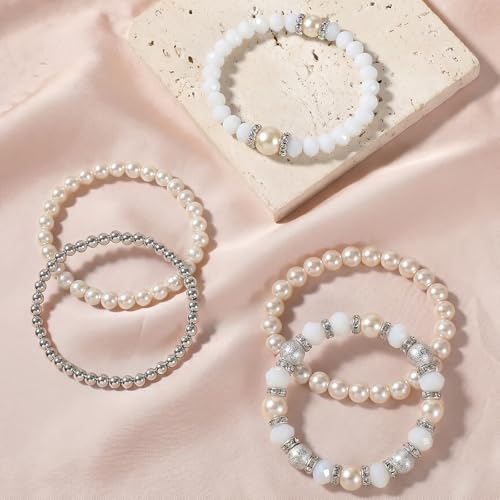 5PCS Beaded Stretch Bracelet Stackable Stylish Beaded Bracelets for Women Crystal Bead Boho Stretch Layering Stone Bracelets Trendy Costume Jewelry Gift Multilayered Disco Ball Faceted Bracelet - color: White, Silver