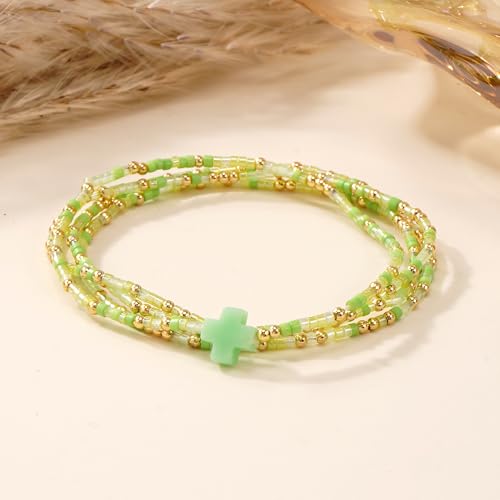Gold Colorful Beaded Cross Bracelet Stack Set for Women,Handmade Bohemian Seed Beads Stacked Bracelets Fashion Holiday Jewelry Gift - color: Green
