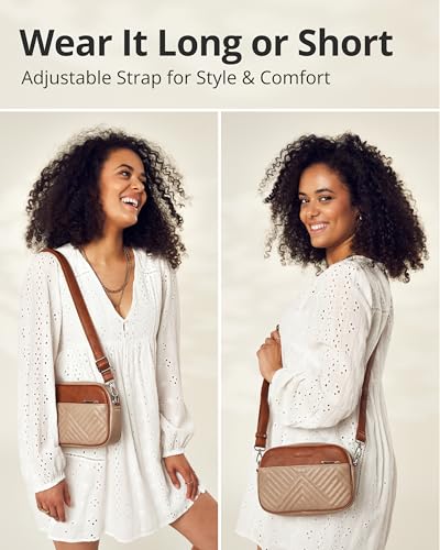 Vantamo Premium Quilted Crossbody Bags for Women with Anti-Pickpocket Clip, Vegan Leather Handbags, Travel Purses for Women - color: Stone & Brown With Faux Leather Strap