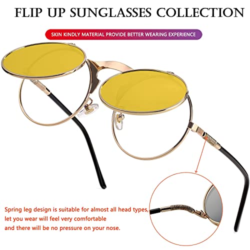 AIEYEZO Round Flip Up Sunglasses for Men and Women Rave Flip Glasses 90's Retro Steampunk Style - color: Gold/Clear Yellow