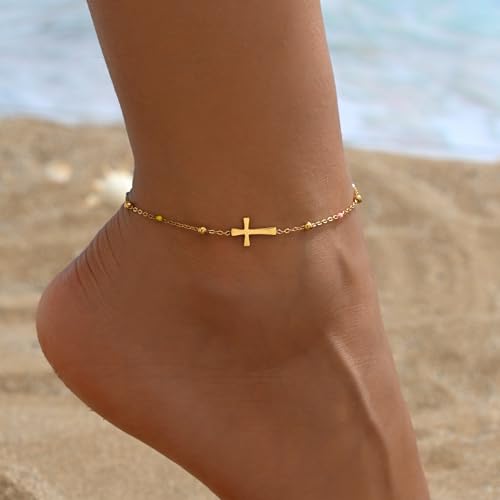 Cross Anklets for Women, 18K Gold Plated Dainty Ankle Bracelets with Colorful Beads Pearl Anklet, Adjustable Religious Christian Satellite Cross Chain, Waterproof Boho Summer Beach Jewelry - style: Colorful Beaded Cross-Gold