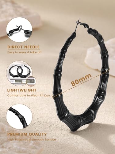 KeyStyle Bamboo Hoop Earrings for Women, Stainless Steel 90s Hoops Earring Lightweight Loops for Party, 2 mm Thick Hypoallergenic Vintage Circle Endless Thin Hoop (40mm, 60mm, 80mm,) - color: Black Plated-80mm