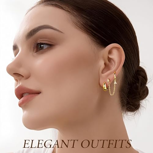 Turandoss Gold Earring for Women, 14K Gold Plated Hypoallergenic Chain Earring Dainty Huggie Flat Back Earrings Earring Stack for Multiple Piercings