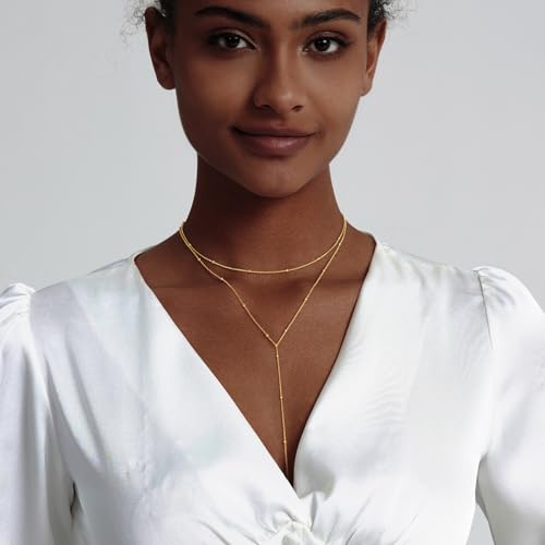 LULII Gold Necklace for Women Trendy Lariat Y Necklace Dainty 14k Gold Plated/Silver Long Necklaces for Women Layered Beaded Drop Necklaces Simple Y-Shaped Chain Jewelry Gifts - color: Y Small Layered Necklace-Gold