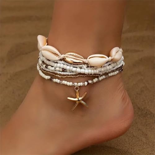 Qceasiy Shell Ankle Bracelet Set for Women, Gold Plated Boho Bead Adjustable Anklet, Hawaiian Beach Seashell Pearl Heart Starfish Conch Foot Jewelry Gifts - color: Starfish Shell 7Pcs