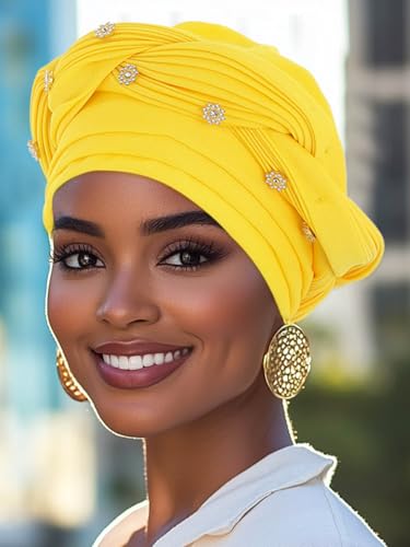Woeoe Women African Turban Pre-Tied Twisted Beanie Cap Headwear Rhinestone Soft Stretchy Head Turbans - color: Yellow