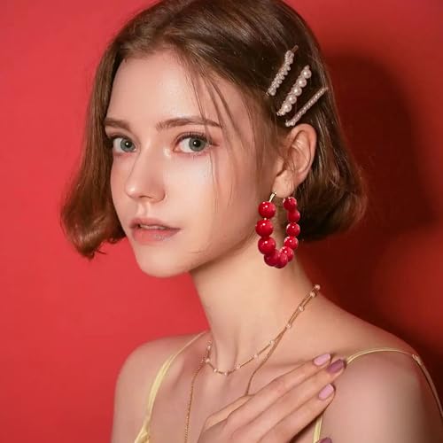 Summer Candy Colored Bead Earrings Lightweight Dainty Acrylic Geometry Hoop Earrings for Women Cute Boho Chic Handmade Jewelry - color: Red