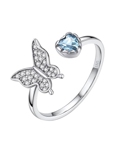 Bestyle 925 Sterling Silver Butterfly Ring Hypoallergnic Adjustable Birthstone Rings for Women Butterfly Jewelry Gifts for Anniversary Mothers' Day Birthday - color: 03.March(Aquamarine)