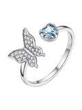 Bestyle 925 Sterling Silver Butterfly Ring Hypoallergnic Adjustable Birthstone Rings for Women Butterfly Jewelry Gifts for Anniversary Mothers' Day Birthday - color: 03.March(Aquamarine)
