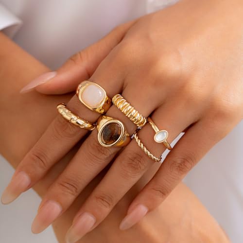 Chunky Gold Rings for Women Non Tarnish Boho Stackable Rings Set Adjustable Open Joint Finger Midi Knuckle Ring Packs - color: Gold Chunky Stackable Rings 6Pcs