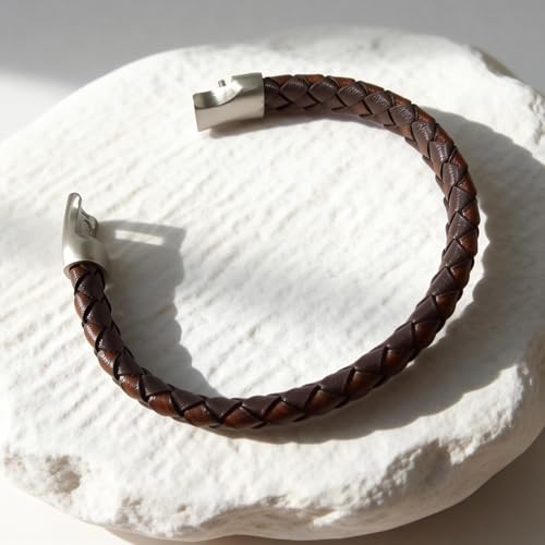 Men's Leather Bracelet, Stackable Stainless Steel Clasp Bracelets for Men Stylish Birthday, Thanksgiving, Valentine's Day Gift for My Man - style: 8.2" Long 10MM Wide Brown Woven