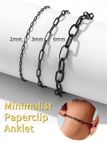 ChainsHouse Ankle Bracelets for Women, Stainless Steel Chain Anklets Waterproof, Women Summer Beach Jewelry Gift, Come with Box - color: 01. 1Pcs-(6mm)-Paperclip-Black