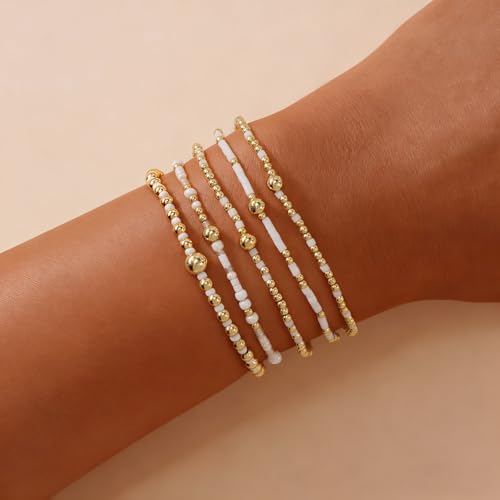 14K Gold Plated Beaded Bracelets Stack Set for Women,Stretch Boho Colorful Beads Ball Jewelry Friendship Summer Trendy - color: White