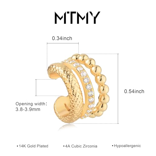 MTMY Gold Ear Cuff Earring for Women 14K Gold Plated Cubic Zirconia Non-Pierced Clip on Cartilage Chunky Ear Cuffs Hypoallergenic Jewelry - style: triple