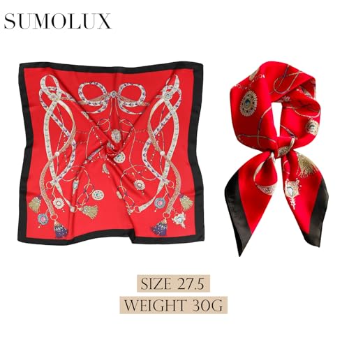 Sumolux Head Hair Scarf for Women Like Satin Silk Scarf Bandana Hair Wrapping Night Large Square Scarves 27.5" - color: Red Gemstone Decoration