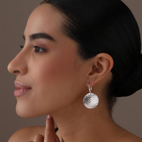 LeCalla 925 Sterling Silver Drop Earrings | Lever-Back Drop Earrings | Hypoallergenic Silver Teardrop Leverback Dangle Earring for Women Jewelry Gifts - color: Hammered Disc-38MM