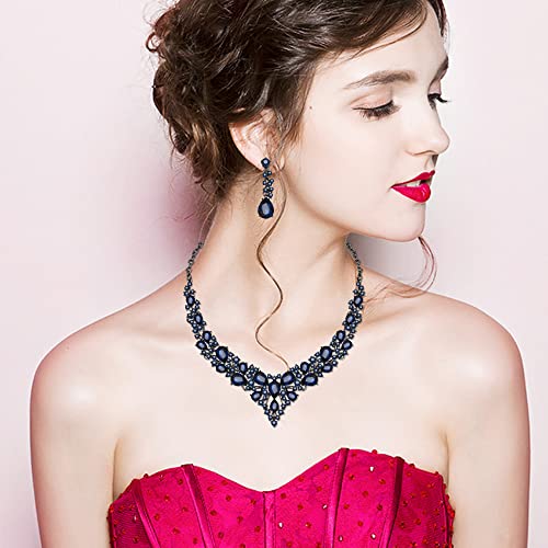 CSY 4 Pcs/Set Austrian Crystal Necklace Earrings Bracelet Ring Bridal Jewelry Sets for Brides Wedding Party Costume Accessories Gifts for Women - color: 02-black-navy blue