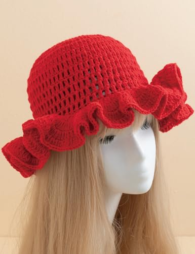 KORADI Womens Crochet Bucket Hat Ruffled Brim Knitted Hats Winter Boho Handmade Caps - color: Red-pearl