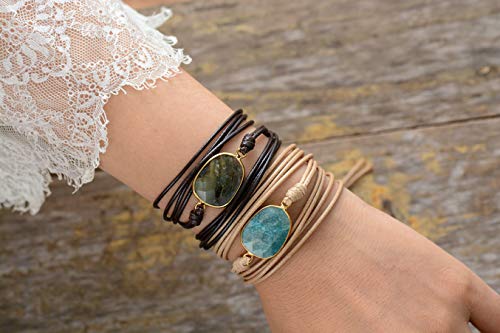 Women Wrap Bracelet Boho Natural Jasper Crystal Stone Beads Strand Bracelets - color: Gray Labradorite