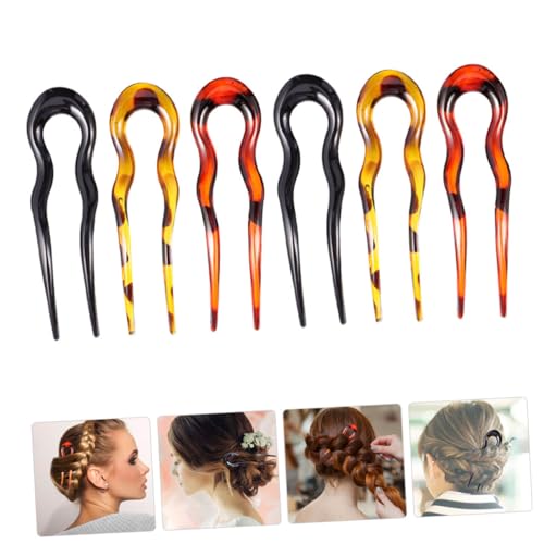 Healeved 6pcs Leopard Print U-shaped Hair Forks Hairpins for Women, Resin Double-prong Hair Clips Set for Wedding Updos and Daily Styling