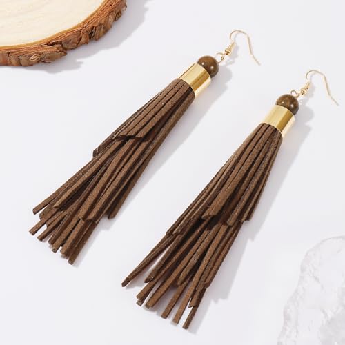 Coiris Boho Leather Layered Tassel Earrings for Women Lightweight Leather Fringe Dangle Earrings Handmade Bohemian Summer Beach Western Drop Earrings for Women - color: Brown