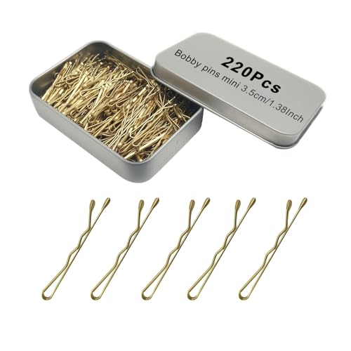 220 Count Mini Wavy 1.38 Inch Blonde Bobby Pins, YINGFENG Small Gold Hair Clips with Storage Box for Updos, Metal Hair Clips for Kids, Girls and Women, Suitable for All Hair Types - color: Gold（1.38inch）