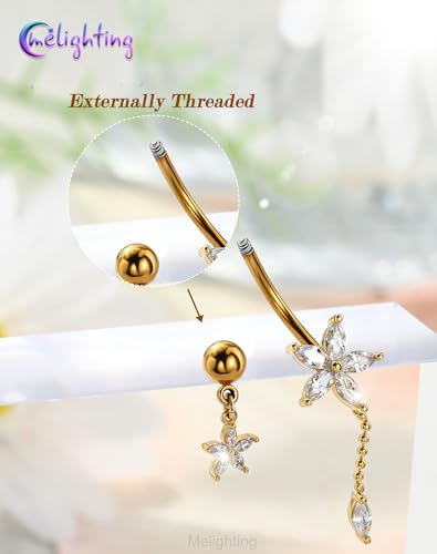 Melighting 14G Lotus Belly Button Ring, Dangle Belly Ring Surgical Steel 316L, Reverse Navel Piercing Jewelry, 10 mm Silver Flower Body Jewellery for Women - style: Gold Lotus