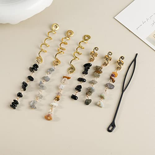 FRDTLUTHW Hair Jewelry Dreadlock Accessories, Natura Stone Hair Charms for Braids, Hair Ring Crystal Hair Accessories for Women(Black, pack of 6) - color: Black, 6Pcs