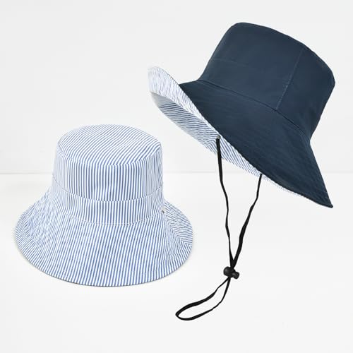 Women's Summer Sun Hat - Reversible Design with Striped Lining Adjustable Brim for Travel and Outings Cap - color: Stripes-navy