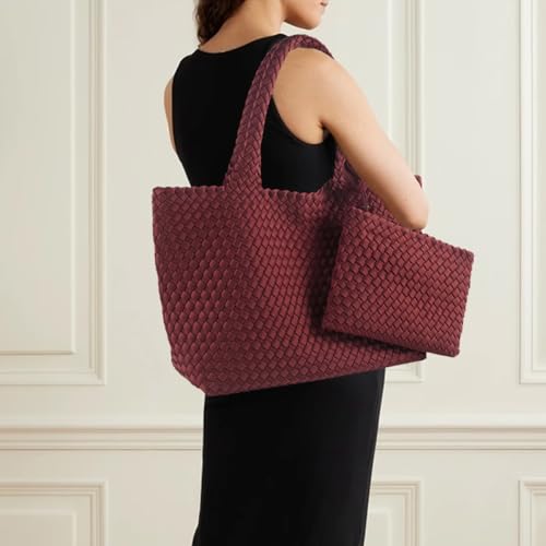 Woven Bag for Women, Large Neoprene Tote Bag Summer Beach Handbag Purse Retro Handmade Travel Shoulder Bag Set - color: Claret