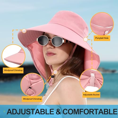 LA CARRIE Women Sun Hats Breathable Wide Brim UV Protection UPF 50+ with Neck Flap Hat for Summer Beach - color: Pink