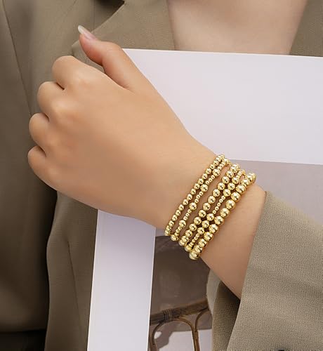 Gold Beaded Bracelets for Women, 14K Real Gold Plated Jewelry for Women Dainty Pearl Bead Bracelets Stack, Non Tarnish Trendy Stackable Ball Cross Stretch Bracelet Set Fashion Accessories Gifts - color: 5 PCS gold bead