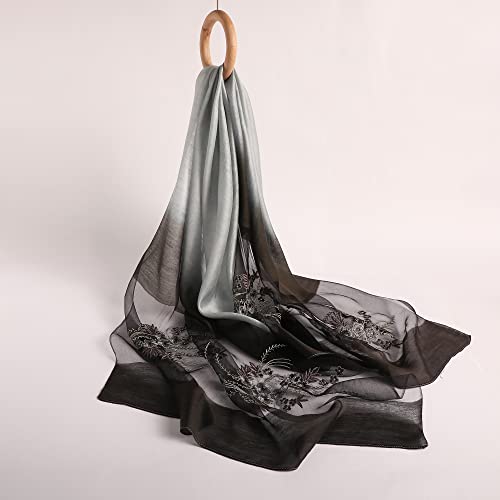 WINCESS YU Women Mulberry Silk Scarf Long & Large Embroidered Floral Pattern Shawl and Wraps Neckerchief for Hair & Neck - color: Gradient Black