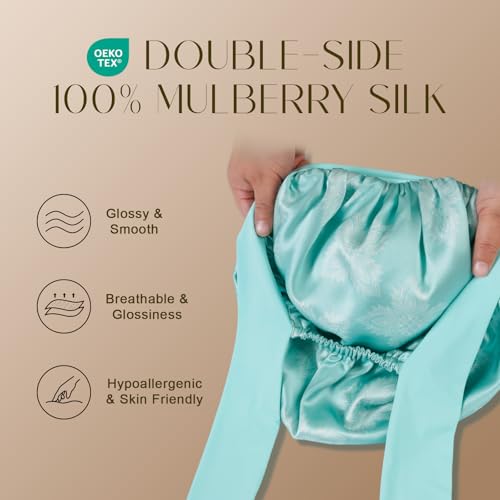ZIMASILK 100% Mulberry Silk Bonnet for Sleeping Women Long Hair Double Layer Silk Hair Wrap with Tie Band Stay On Head (1Pc, Mint Green) - color: Mint Green-clover Crest