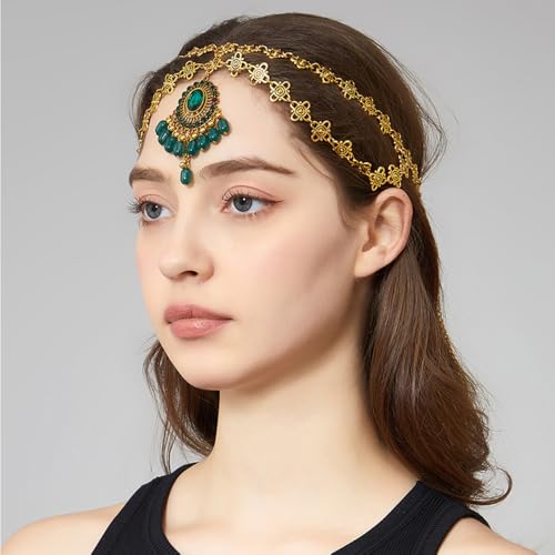 Boho Headband for Women Elegant Bridal Wedding Headpiece Cubic Zirconia Vintage Jhumka Bead Tassel Festival Gold Plated Adjustable Forehead Chain Bollywood Party Accessories Jewelry (Green, Gold) - color: Green