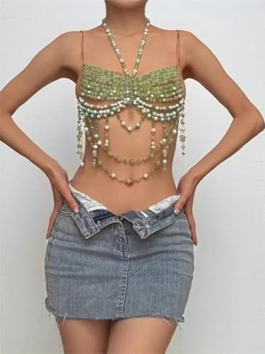 Handmade Beads Body Chain, Mermaid Top Rave Outfit Body Jewelry, Mermaid Costume, Beaded Bra Bralette Bead Waist Body Jewelry for Women for Boho Festival Clubbing - color: green