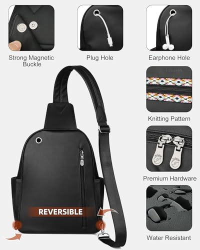 FADEON Large Sling Bag for Women, Leather Crossbody Purse Designer Anti Theft Sling Backpack, RFID Fanny Packs for Travel - color: Pure Black